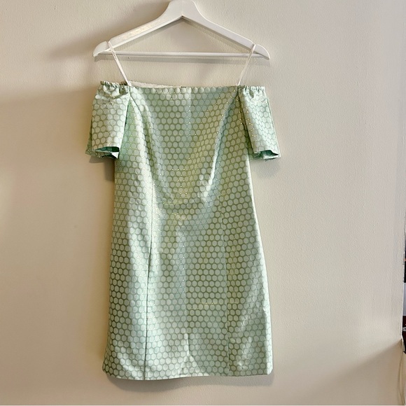 Laundry By Shelli Segal Dress Mint Green Gold Polka Dot Off Shoulder Cocktail - Picture 1 of 9
